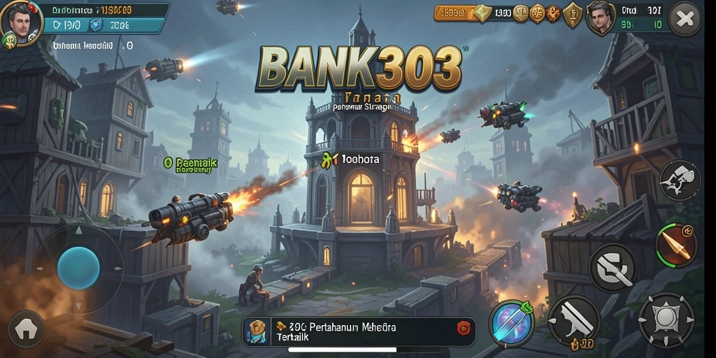 Tampilan gameplay <strong>BANK303</strong> yang menegangkan dengan menara pertahanan yang aktif.