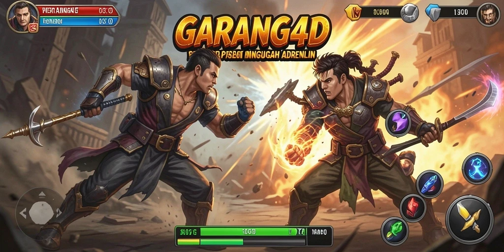 Screenshot utama menampilkan karakter bertarung dalam duel yang epik.