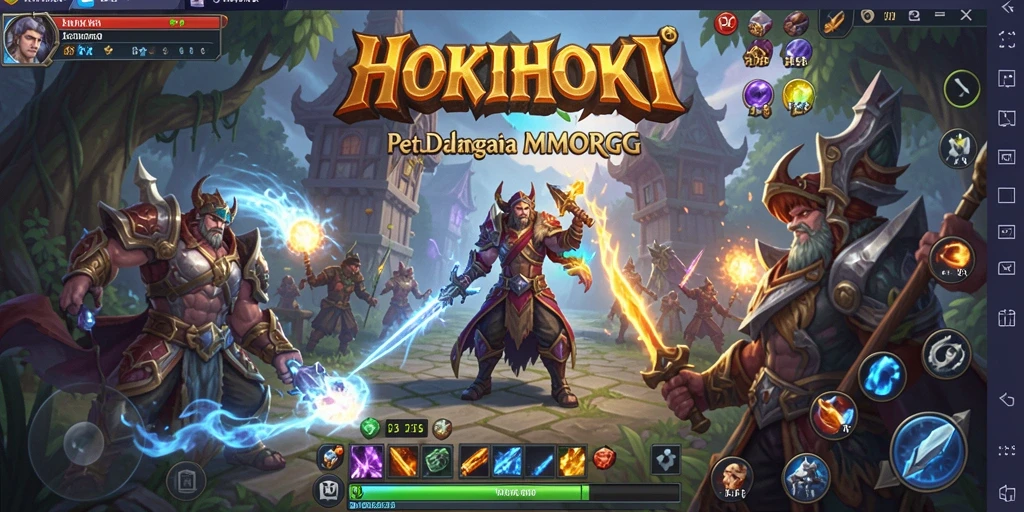 Screenshot HOKIHOKI menampilkan aksi pertempuran seru dalam dunia MMORPG.