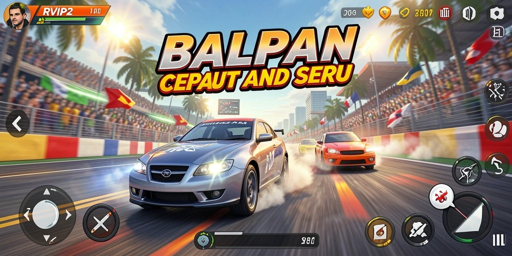 Screenshot permainan RVIP2 menampilkan aksi balapan yang mendebarkan.